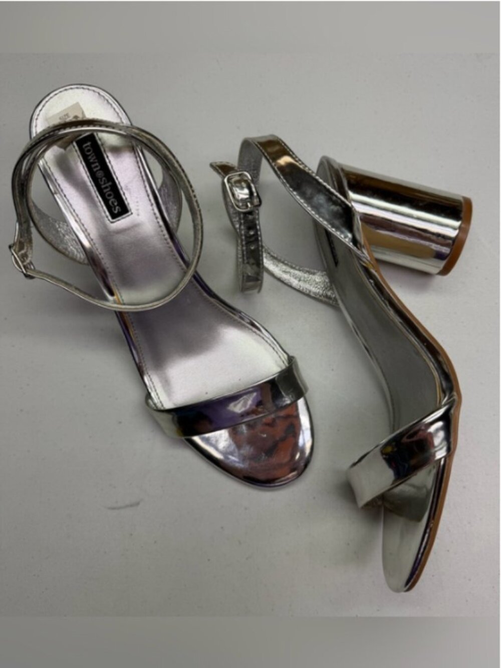Town Shoes Danielle Silver Metallic Block Heel Sandal Size 38 / US 7.5 Fall Sale